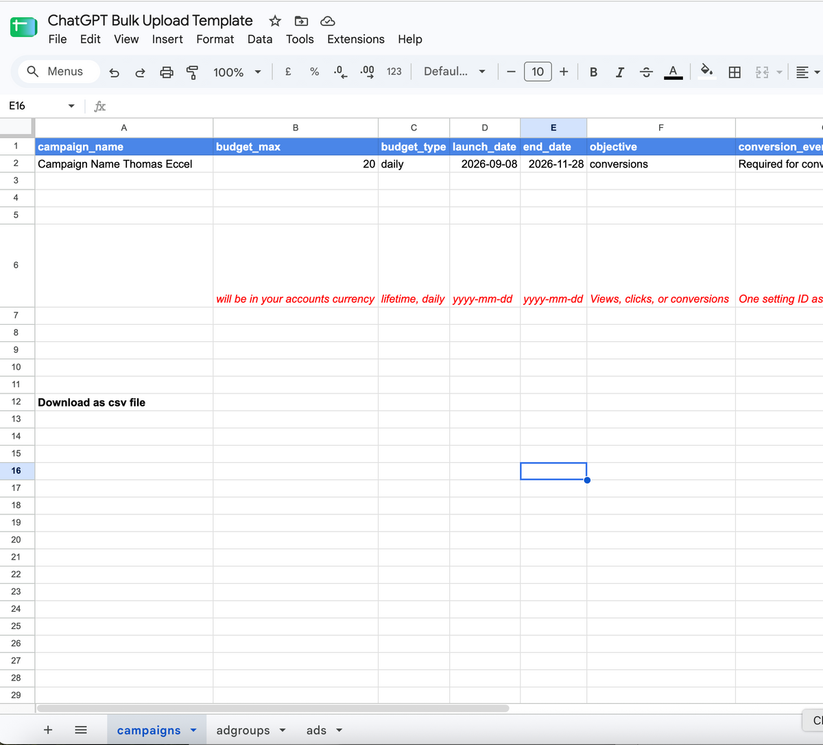 ChatGPT Ads Bulk Upload Template